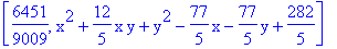 [6451/9009, x^2+12/5*x*y+y^2-77/5*x-77/5*y+282/5]